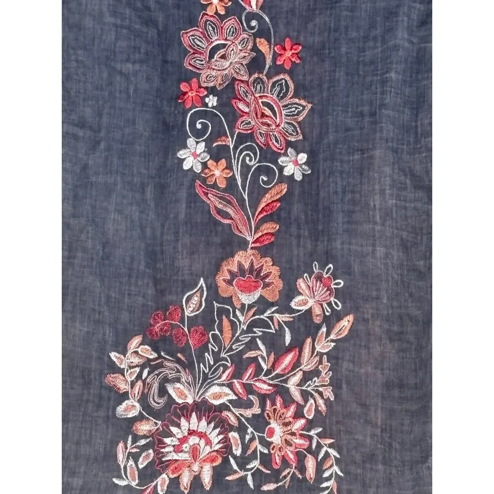 Chicos Embroidered Gray Scarf With Tassels Lightweight Boho Fairy Forrest Preppy